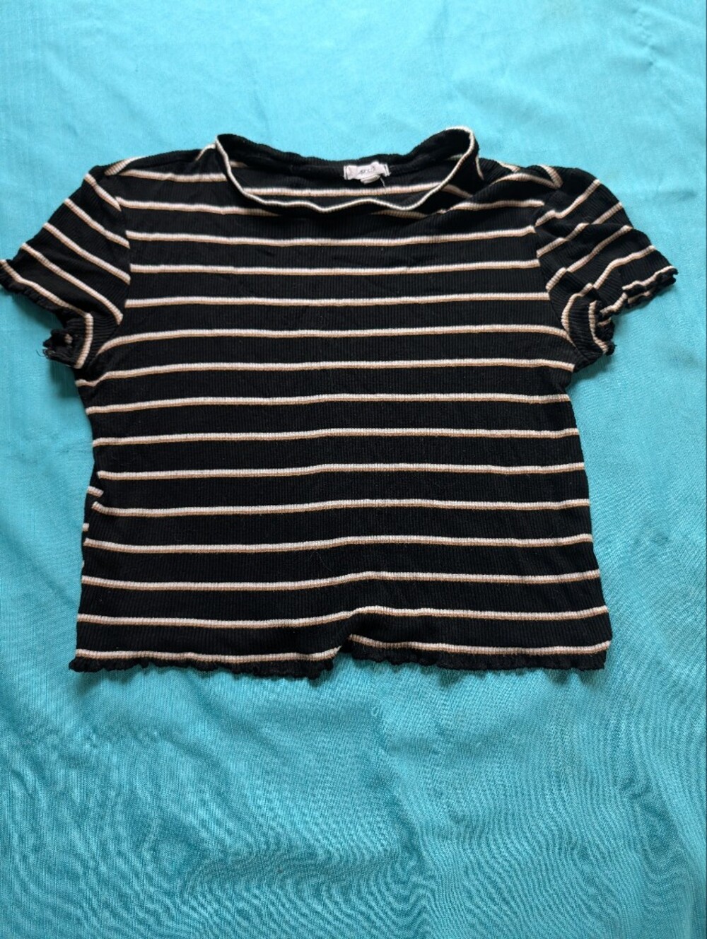 Ardene Black Crop Top with Cream Stripes - Ribbed Short Sleeve